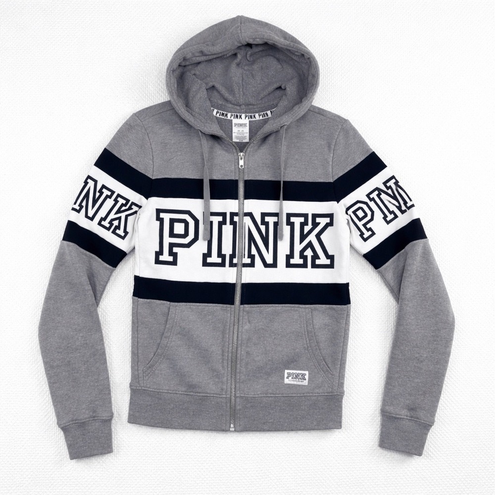PINK Victoria's Secret Gray White Black Colorblock Full Zip Logo Hoodie XS